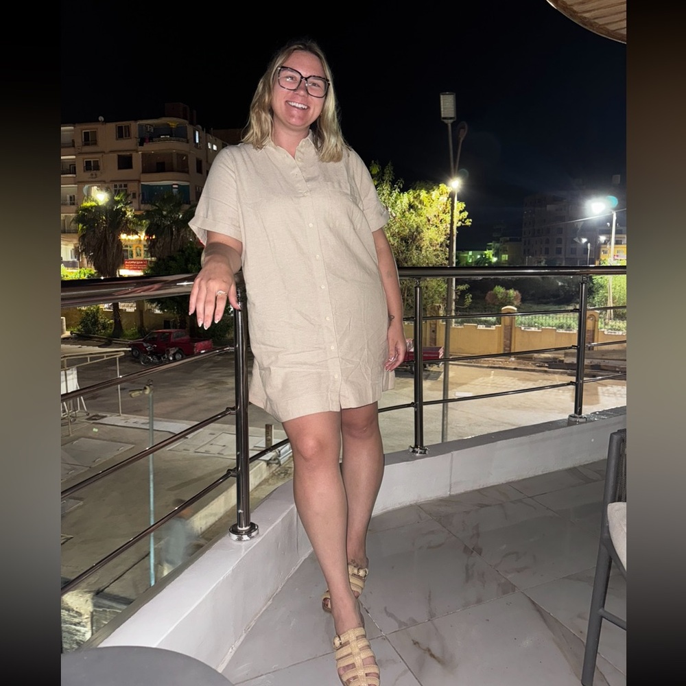 Tan Linen Short Sleeve Button Down T shirt Dress